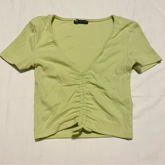 Zara Drawstring Scrunched V-Neck Cropped Ribbed T-Shirt Small - Picture 1 of 16